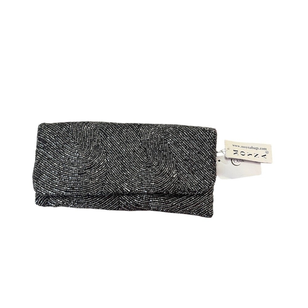 Moyna Clutch Evening Bag Womens Black & Silver Swirl Beaded Foldover